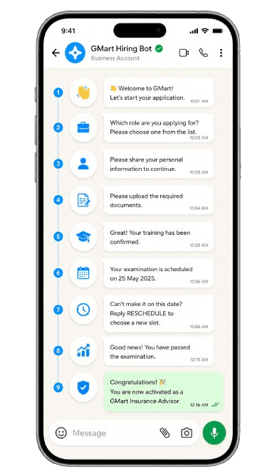 WhatsApp guided insurance advisor hiring experience