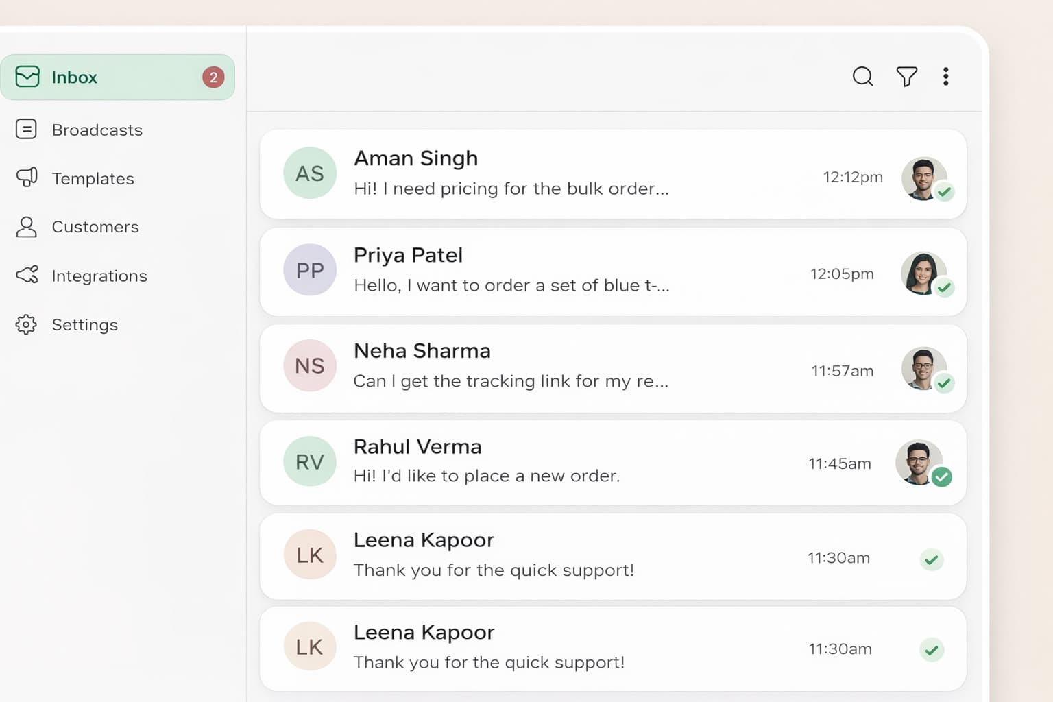 Team Inbox on WhatsApp — unified inbox UI screenshot