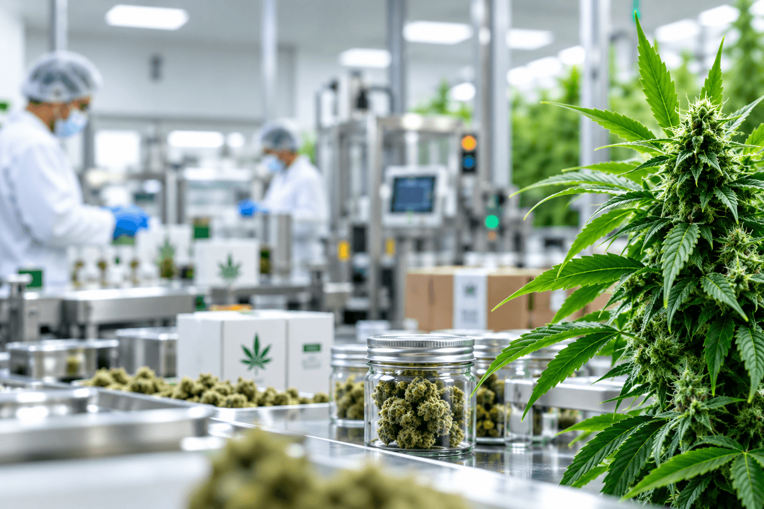 Cannabis manufacturing facility with controlled production, packaged cannabis and processing equipment